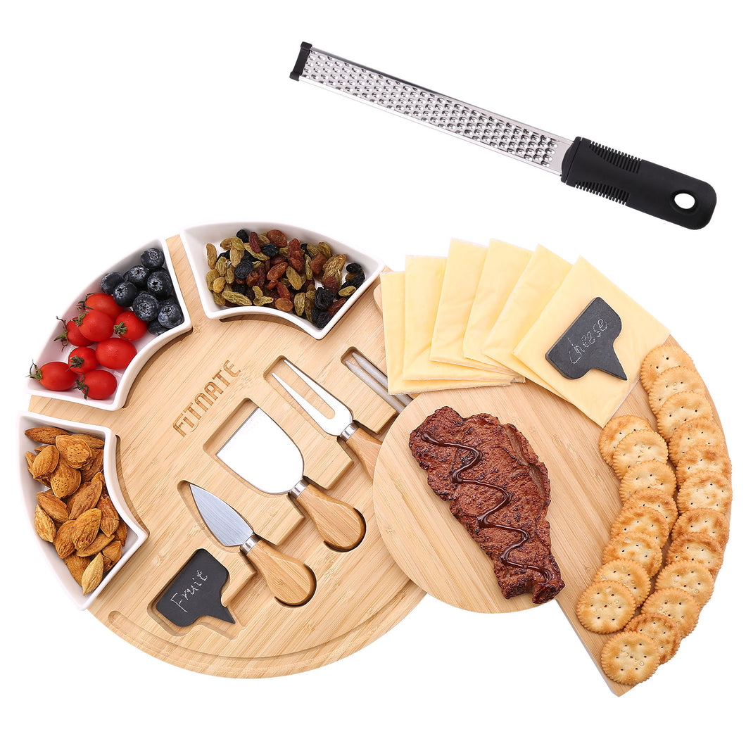 FITNATE Rotatable Round Cheese Cutting Board with knives, Bamboo Cheese Board Set with Drawer,Ceramic Plate,Ceramic Label,Cheese toss,Suitable for Thanksgiving Day, Christmas, Family Gatherings