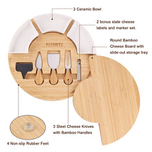 Load image into Gallery viewer, FITNATE Rotatable Round Cheese Cutting Board with knives, Bamboo Cheese Board Set with Drawer,Ceramic Plate,Ceramic Label,Cheese toss,Suitable for Thanksgiving Day, Christmas, Family Gatherings
