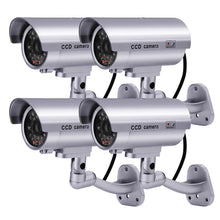 Load image into Gallery viewer, Dummy Security Camera, Fitnate 4 Packs Fake Security Camera CCTV Surveillance System with LED Red Flashing Light for Both Indoor &amp; Outdoor Use + Security Camera Warning Stickers × 4 ( Sliver )
