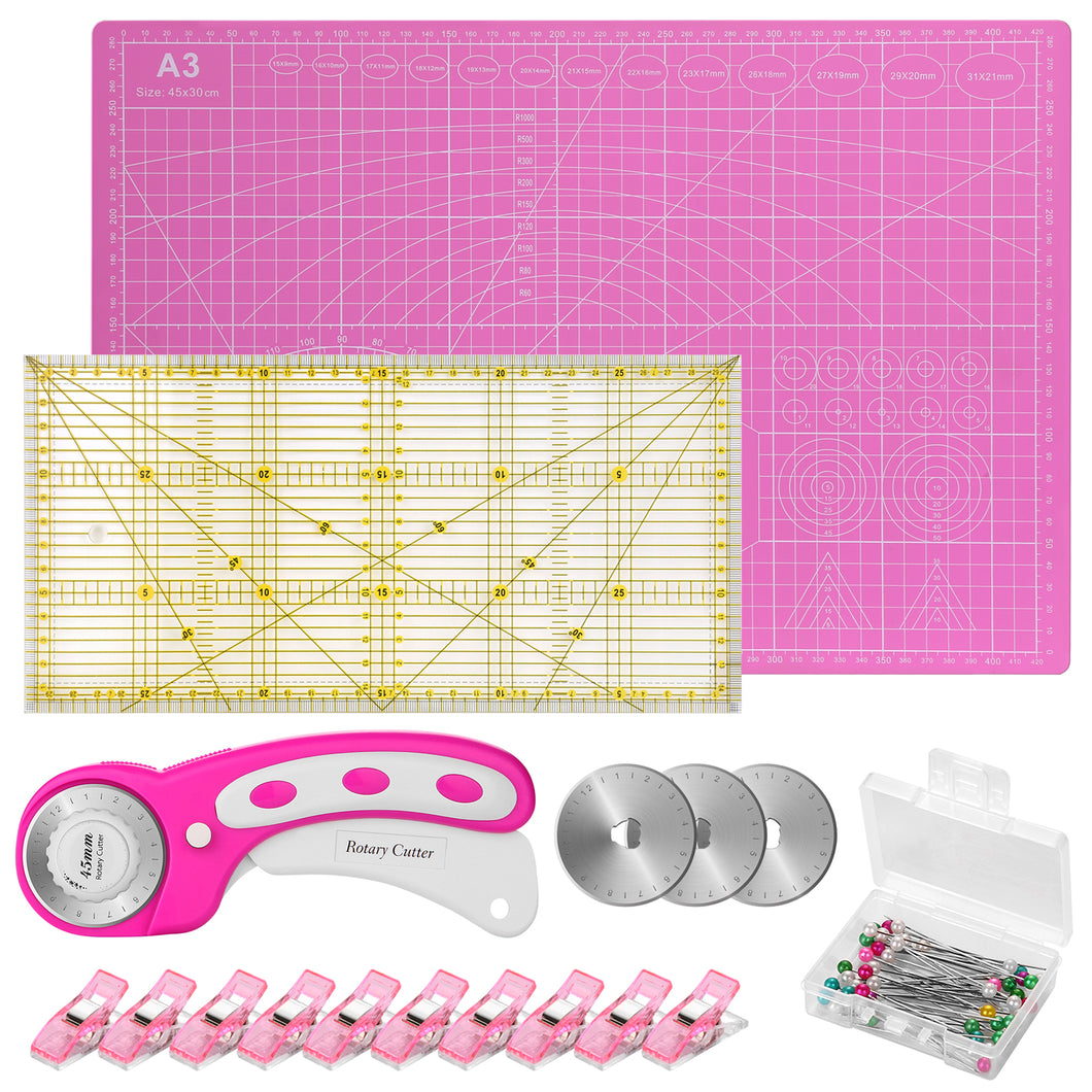 Pink 45mm Rotary Cutter Tool Kit w/ A3 Cutting Mat + Patchwork Ruler + Fabric Clips
