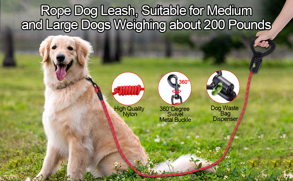 Reflective Durable 2 In1 Dog Leash 5ft Hands-Free Waste Bag Dispenser for Training Hiking Red